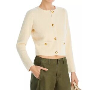 AQUA Boucle Knit Cropped Cardigan Gold‎ Button Pockets Cream Size L